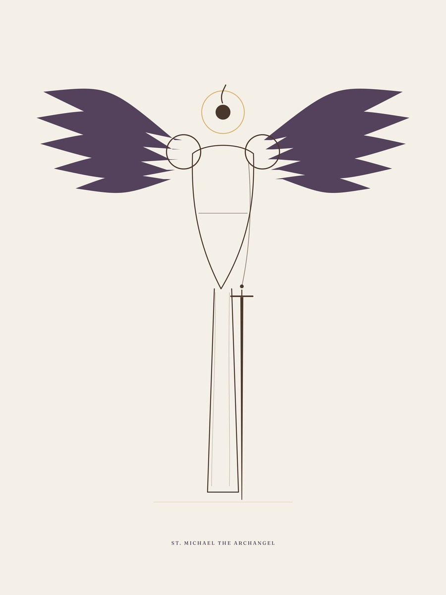 St. Michael the Archangel — a modern minimalist print: slim geometric figure, honey halo, sword at rest