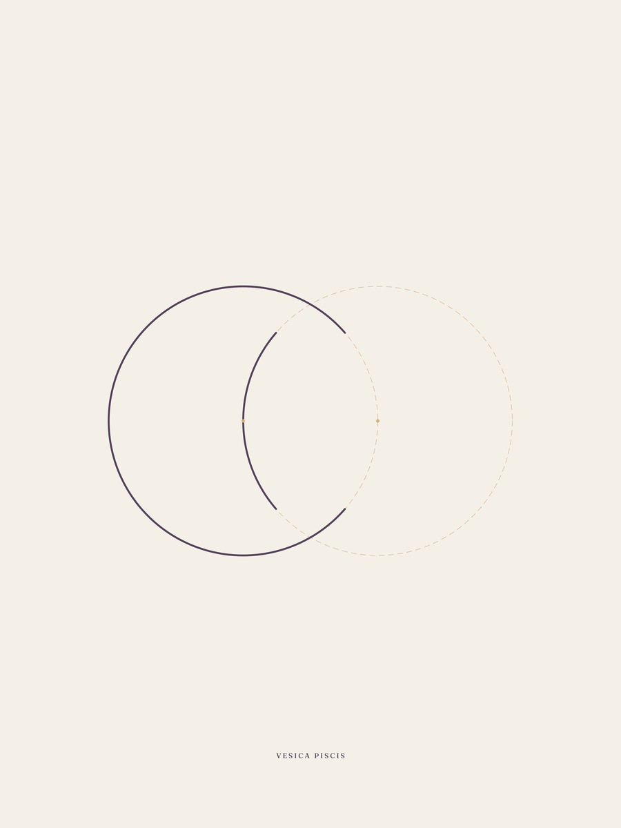 Vesica piscis — minimal sacred geometry print in plum and warm brown on oat paper