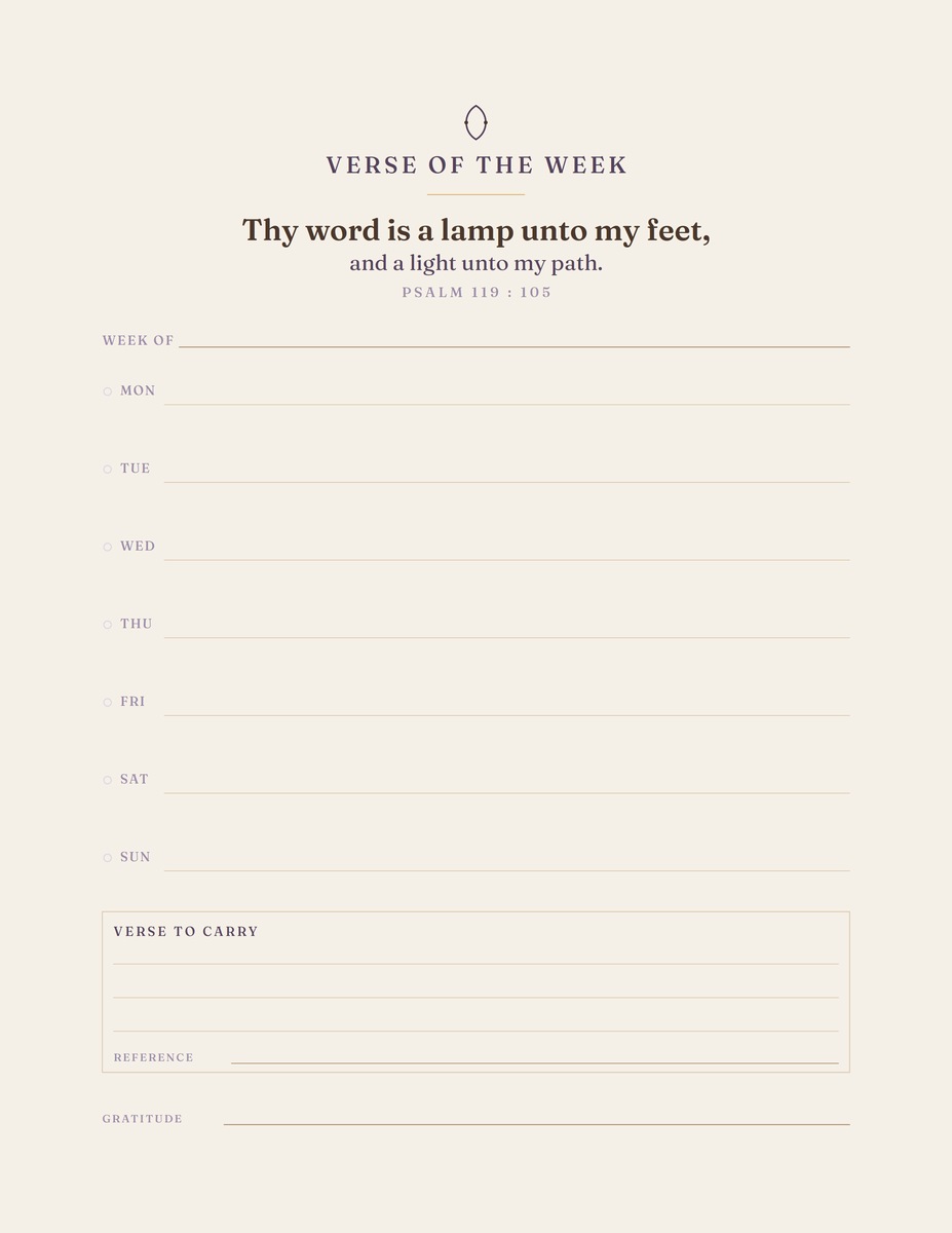 Verse of the Week — an undated letter-size sheet in plum and warm brown on oat paper: seven day rows, a verse to carry box with a reference line, and a gratitude line