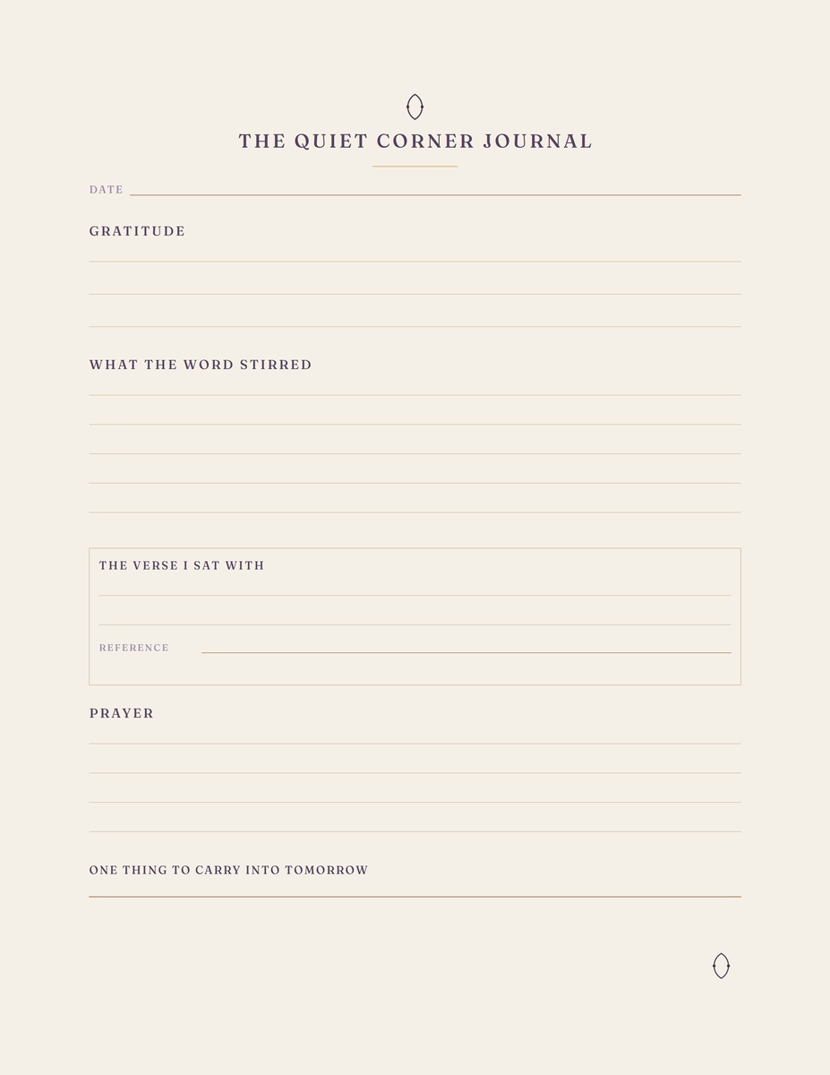 The Quiet Corner Journal — an undated reflection page in plum and warm brown on oat paper: date and gratitude lines, “what the word stirred”, a verse box, prayer lines and one thing to carry into tomorrow